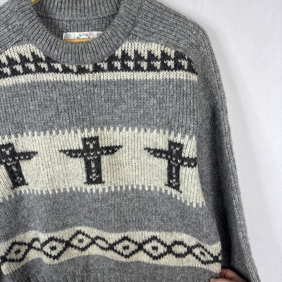 Vintage Brown Bison Cowichan Style Wool Sweater Women’s L Gray Canada Totem Pole - Picture 3 of 5